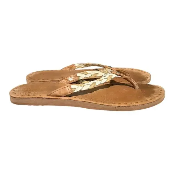 UGG Women's Thong Sandals Size 9 White Brown Flip Flop Braided Leather - Picture 2 of 7